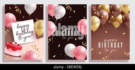 Happy Birthday Einladungskarte Clipart-Poster-Set. Geburtstagsgruß wünscht elegante Karten Clip Art Kollektion mit Ballons und Tortendekoration Stock Vektor