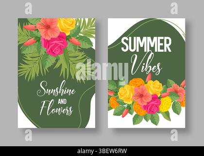 Karten Mit Tropischem Blumenmuster Im Sommer Stock Vektor