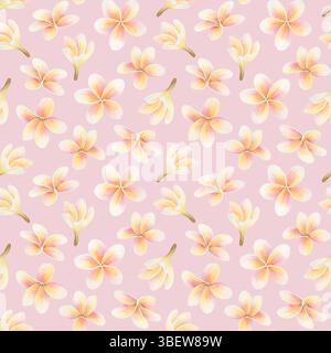 Romantische Plumeria-Blumen nahtloses Aquarellmuster auf Pastellrosa. Tropisches Gelb und Orange im Sommer für Blumenmuster Stockfoto