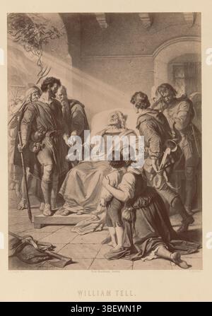Jaeger, Carl, London, Bruckmann, Friedrich, William Tell, Fotoreproduktion einer Zeichnung einer Todesszene von William Tell von Friedrich Schiller, von Carl Jaeger, rektogedruckt, Foto, Foto, Foto, Reproduktion, Seite, Fotos, fotografische illustrierte Bücher, registriert. Höhe 293 mm, Breite 221 mm, Deutsch, 1814 - 1898, Fotograf, 1870 - 1875, Fotopapier, Albumendruck, Albumindruck, 17. 10. 1833. 12. 05. 1887., Verfasser des Zwischenberichts Stockfoto
