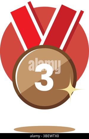 Gold, Silber, Bronze Medaillen Vektorsymbole. Abzeichen mit dem Preis für den ersten, zweiten, dritten Platz. Runde Münze mit rotem Band. Siegertrophäe Stock Vektor