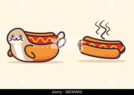 Einfache Dichtungen Hot Dog lustige flache Illustration, mit hellem Hintergrund. Geeignet für Logo, Maskottchen und Icon Stock Vektor