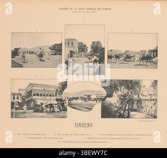 Paris, Berthaud, Damaskus, verschiedene Hersteller, Calas, Jules, Diehl, Ernest, Damas, sechs Gesichter auf Damaskus, Syrien, Paris, Recto - gedruckt, fotomechanischer Druck, Seite, Fotos, fotografische illustrierte Bücher, X., 1 Rue à Damas (M. Debayser, Foto.). 2 Place publique (M. Ernest Diehl, Foto). 3 File de chameaux le Long d'un cimetière (M. Debayser, Foto.) / 4 Fontaine publique (M. d'Allemagne, Foto.). 5 Palais du Gouverneur sur la Place publique (M. Jules Calas, Foto.)./ 6 Enfants dans les jardins de l'Oasis (M. Goldsmith, Foto.)., Höhe 293 mm, Breite 355 mm, Fotograf, 1893 - 1898, Papst Stockfoto