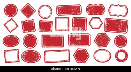 Stempelrahmen Vektorsymbol Formsatz. Stempel Grunge Tinte Gummietiketten Zeichen Kollektion. Isoliert auf weißem Hintergrund. Schwarzer Rand mit runden und quadratischen Stempeln Stock Vektor