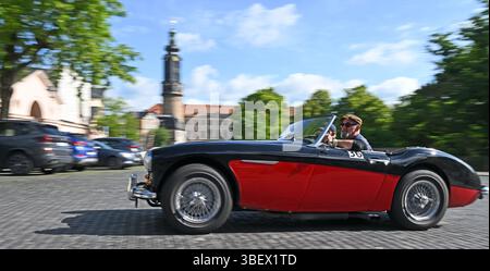 Weimar, Deutschland. 30. Mai 2025. Hans-Jürgen Schick und Michael Kring starten die erste Etappe der ADAC Oldtimer Tour Thüringen in einem Austin-Healey 100/6 auf dem Platz der Demokratie in Weimars Innenstadt neben dem Residenzschloss und der Herzogin Anna Amalia Bibliothek. Fast 90 Fahrzeuge sind auf zwei Etappen in Thüringen unterwegs. Quelle: Martin Schutt/dpa/Alamy Live News Stockfoto
