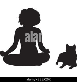 Silhouette einer Frau, die in Lotus-Position meditiert, mit Hund neben ihr Stock Vektor