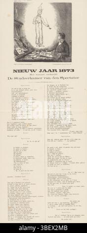 Den Haag, Nijhoff, Martinus, Arnhem, Thieme, Dirk Anthonie, Nederland, Spanier & Zn, Witwe Elias, Schmidt Crans, Johan Michaël, Neujahr 1873, zeigt de Studerkamer van den Spectator, Neujahrsdruck für 1873, den Haag, Niederlande, Neujahrsdruck für 1873. Die Erscheinung des Geistes von Jan sage für einen Mann in seinem Arbeitszimmer. Plate erschien im Wochenmagazin de Nederlandsche Spectator, Nr. 1, 1873., Druck, Neujahrswunsch, Drucke, Frederik Müller historische Platten, Höhe 550 mm, Breite 220 mm, Niederländisch, 1830-1907 11-14, Druckmaschine, 1873 - 1873, Papier, Lithografie (Technik), Stockfoto