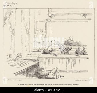 Den Haag, Nijhoff, Martinus, Arnhem, Thieme, Dirk Anthonie, Niederlande, Spanier & Zn, Witwe Elias, Schmidt Crans, Johan Michaël, die politische Haltung der Mitglieder der 2. Kammer, die nicht dem Gerichtswesen angehören, gegenüber der Justizorganisation, Spotprent über die Unzugänglichkeit des Gegenstands der Justizorganisation, 1873, den Haag, Spotprent über die Unzugänglichkeit des Gegenstands der Justizorganisation für viele Mitglieder der Zweiten Kammer. Plate erschien im Wochenmagazin de Nederlandsche Spectator, Nr. 14, 1873., Druck, Frederik Müller Historyplaten, Höhe 215 mm, Breite 275 Stockfoto