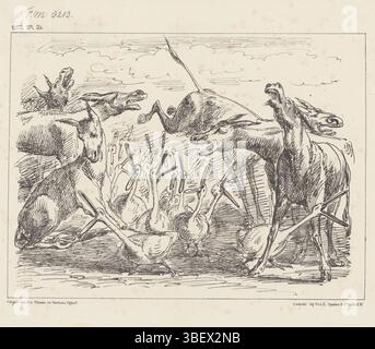 Den Haag, Nijhoff, Martinus, Arnhem, Thieme, Dirk Anthonie, Nederland, Spanier & Zn, Witwe Elias, Schmidt Crans, Johan Michaël, Spotprent als Reaktion auf die entrüsteten Reaktionen auf die Verhöhnung über den 200-jährigen Jahrestag der Portugiesischen Synagoge, 1875, den Haag, Niederlande, schreiende Gänse und klatschende Esel. Spotprint als Reaktion auf die entrüsteten Reaktionen auf den vorhergehenden Zeichentrick (Nr. 33) über den 200-jährigen Jahrestag der Portugiesischen Synagoge in Amsterdam, 1675-1875. Plate erschien im Wochenmagazin de Nederlandsche Spectator, Nr. 34, 1875., Druck, Frederik Muller Historyplate Stockfoto