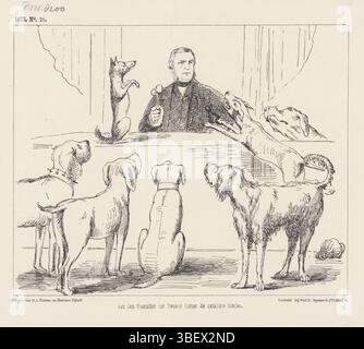 Den Haag, Nijhoff, Martinus, Arnhem, Thieme, Dirk Anthonie, Nederland, Spanier & Zn, Witwe Elias, Schmidt Crans, Johan Michaël, aan den Voordelijke Kamer de dankelijke Hugs, Spotprent op de bevoordelingen in de kamer over het hugen, 1875, den Haag, Niederlande, 1875. Plate erschien im Wochenmagazin de Nederlandsche Spectator, Nr. 21, 1875., Druck, Frederik Müller Historyplaten, Höhe 215 mm, Breite 275 mm, Nederlands, 1830-04-30-1907-11-14, Printmaker, 1875-1875, Papier, Lithografie (Technik), Drucker, Publikation (Ereignis), Publikation, 1830 - 1879, Verlag, Verlag, Publikation Stockfoto