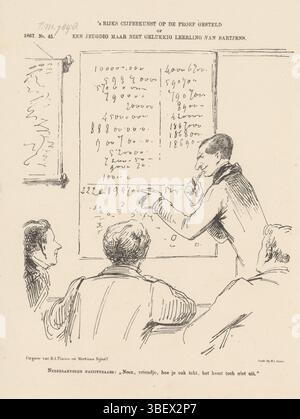 Den Haag, Nijhoff, Martinus, Arnhem, Thieme, Dirk Anthonie, Niederlande, Smits, H.L., Schmidt Crans, Johan Michaël, Rijks staatkunst onderstepen tekend oder Ein junger, aber nicht glücklicher Schüler von Bartjens, Spotprent bei Minister Schimmelpenninck, 1867, den Haag, Niederlande, Spotprent beim Finanzminister R.J. Schimmelpenninck, der versucht, eine komplexe Berechnung an einer Tafel anzustellen. Plate erschien im Wochenmagazin de Nederlandsche Spectator, Nr. 45, 9. november 1867., Druck, Frederik Müller historische Platten, Höhe 275 mm, Breite 215 mm, Niederländisch, 1830 30-04-30 - 1907-11-14, Printmaker, 1867 Stockfoto