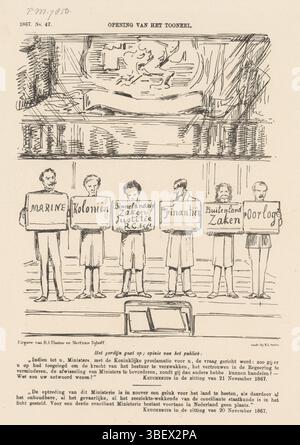 Den Haag, Nijhoff, Martinus, Arnhem, Thieme, Dirk Anthonie, Nederland, Smits, H.L., Niederlande, Schmidt Crans, Johan Michaël, Eröffnung der Show, Spotprent mit Ministern mit ihren Portfolios, 1867, den Haag, Spotprent mit den Ministern (Ministerium von Heemskerk) mit ihren Portfolios auf der Bühne. Plate erschien im Wochenmagazin de Nederlandsche Spectator, Nr. 46, 16. november 1867., Druck, Frederik Müller Historyplaten, Höhe 275 mm, Breite 215 mm, Nederlands, 1830-04-30-1907-11-14, Printmaker, 1867-1867, Papier, Lithografie (Technik), Drucker, Publikation (Veranstaltung), öffentlich Stockfoto