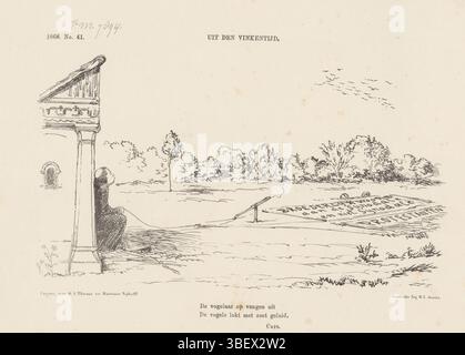 Den Haag, Nijhoff, Martinus, Arnhem, Thieme, Dirk Anthonie, Nederland, Smits, H.L., Schmidt Crans, Johan Michaël, uit den vinkentijd, Spotprent op Abbot Brouwers, 1868, den Haag, Niederlande, Spotprent traf Abt Brouwers die als een vinker Birden met een vinkennet te catchen, nav een conciliant geschrift van Brouwers. Mit zweizeiliger Strophe von Cats. Plate erschien im Wochenmagazin de Nederlandsche Spectator, Nr. 41, 10. Oktober 1868., Druck, Frederik Müller Historyplaten, Höhe 215 mm, Breite 275 mm, Nederlands, 1830-04-30-1907-11-14, Printmaker, 1867-1867, Papier, Lithographie (Technik Stockfoto