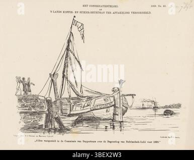 Den Haag, Nijhoff, Martinus, Arnhem, Thieme, Dirk Anthonie, Nederland, Smits, H.L., Niederlande, Schmidt Crans, Johan Michaël, das Konsignationssystem der Länder Kaffee- und Zuckerhandler wegen Vernichtung verurteilt, Spotprent über den Rückgang des Kaffee- und Zuckerhandels der niederländischen Handelsmaatschappij, 1868, den Haag, Spotprent über den Rückgang des Kaffee- und Zuckerhandels der niederländischen Handelsmaatschappij. Ein abgelaufenes Schiff, das nie gedacht hat, auf einem Dock zu liegen. Plate erschien im Wochenmagazin de Nederlandsche Spectator, Nr. 43, 24. Oktober 1868., Druck, Frederik Müller Historyplaten, Höhe 215 Stockfoto