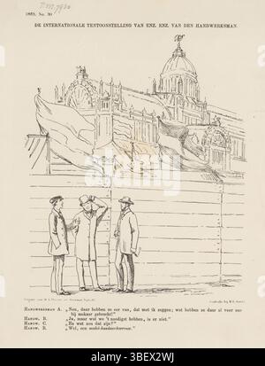 Den Haag, Nijhoff, Martinus, Arnhem, Thieme, Dirk Anthonie, Nederland, Smits, H.L., Niederlande, Schmidt Crans, Johan Michaël, de Internationale Tentoonstelling van etc. van den Handwerksman, Spotprent über die Ausstellung von Objekten für die Hausherrschaft und die Gesellschaft des Handwerksmannes, 1869, den Haag, Spotprent über die Ausstellung von Objekten für die Hausherrschaft und die Gesellschaft des Handwerksmannes im Palast für Volksvlijt in Amsterdam. Plate erschien im Wochenmagazin de Nederlandsche Spectator, Nr. 30, 1869., Druck, Frederik Müller Historyplaten, Höhe 275 mm, Breite 215 Stockfoto
