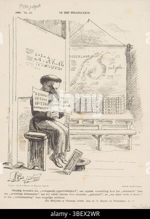 Den Haag, Nijhoff, Martinus, Arnhem, Thieme, Dirk Anthonie, Nederland, Smits, H.L., Niederlande, Schmidt Crans, Johan Michaël, OP het Penalbankje, Spotprent op Abt Brouwers, 1868, den Haag, Spotprent op Abt Brouwers Nav Groen van Prinsterers Kritik an seinem Schreiben über die Feier der Schlacht von Heiligerlee. Plate erschien im Wochenmagazin de Nederlandsche Spectator, Nr. 47, 21. november 1868., Druck, Frederik Müller Historyplaten, Höhe 275 mm, Breite 215 mm, Nederlands, 1830-04-30-1907-11-14, Printmaker, 1867-1867, Papier, Lithografie (Technik), Drucker, Publikation (Ereignis Stockfoto