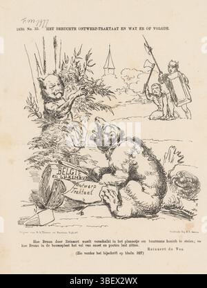 Den Haag, Nijhoff, Martinus, Arnhem, Thieme, Dirk Anthonie, Nederland, Smits, H.L., Niederlande, Schmidt Crans, Johan Michaël, Het infamous ontwerp-traaktaat en wat ondervolgen, Spotprent über die Befürchtung der Annexion Belgiens und Luxemburgs durch Frankreich und Deutschland, 1870, The Haag, Spotprent nav de Rumor of Annexion Belgiens und Luxemburgs durch Frankreich und Deutschland. Der Bär Frankreich (Broun) wird vom Fuchs Preußen (Reinaert) gefangen, der den Honig des Nachbarn (Luxemburg) stehlen will. Plate erschien im Wochenmagazin de Nederlandsche Spectator, Nr. 33, 1870., Druck, Frederik Muller seins Stockfoto