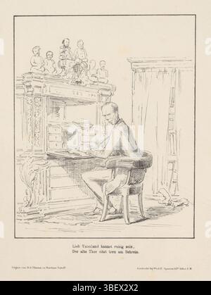 Den Haag, Nijhoff, Martinus, Arnhem, Thieme, Dirk Anthonie, Niederlande, Spanier & Zn, Witwe Elias, Schmidt Crans, Johan Michaël, Spotprent auf Thorbecke, 1871, den Haag, schreibt an seinem Schreibtisch. Plate erschien im Wochenmagazin de Nederlandsche Spectator, Nr. 2, 1871., Druck, Frederik Müller Historyplaten, Höhe 275 mm, Breite 215 mm, Nederlands, 1830-04-30-1907-11-14, Printmaker, 1871-1871, Papier, Lithografie (Technik), Drucker, Publikation (Ereignis), Publikation, 1830 - 1879, Verlag, Verlagswesen, Publikation (Veranstaltung), 26. 12. 1826 - 24. 09. 1894, Herausgeber Stockfoto