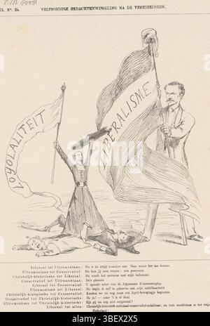 Den Haag, Nijhoff, Martinus, Arnhem, Thieme, Dirk Anthonie, Nederland, Spanier & Zn, Witwe Elias, Schmidt Crans, Johan Michaël, freier Meinungsaustausch nach den Wahlen, Spotprent über den Sieg der Liberalen und Ultratiner bei den Wahlen, 1871, den Haag, Niederlande, Spotprent über den Sieg der Liberalen und Ultratiner bei den Wahlen. Die Konservativen und die Anti-Revolutionäre werden vor Ort besiegt. Plate erschien im Wochenmagazin de Nederlandsche Spectator, Nr. 24, 1871., Druck, Frederik Müller Historyplaten, Höhe 275 mm, Breite 215 mm, Nederlands, 1830-04- Stockfoto