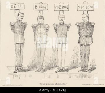 Den Haag, Nijhoff, Martinus, Arnhem, Thieme, Dirk Anthonie, Nederland, Spanier & Zn, Witwe Elias, Niederlande, Schmidt Crans, Johan Michaël, was haben Sie mit unseren Millionen gemacht?, Spotprent bei den Kriegsministern, 1871, den Haag, Spotprent bei den letzten vier Kriegsministern, die als Gefangene an einen Pol gebunden sind: die Casebroot, Blanken, Van den Bosch und Van Mulken. Plate erschien im Wochenmagazin de Nederlandsche Spectator, Nr. 40, 1871., Druck, Frederik Müller Historyplaten, Höhe 215 mm, Breite 275 mm, Nederlands, 1830-04-30-1907-11-14, Printmaker, 1871-1871, Papier, Lithographie (Techni Stockfoto
