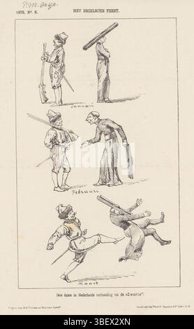 Den Haag, Nijhoff, Martinus, Arnhem, Thieme, Dirk Anthonie, Nederland, Spanier & Zn, Witwe Elias, Schmidt Crans, Johan Michaël, Het Brielse Festivities, Spotprent über die Unterschiede mit den Räumen über die bevorstehenden Brielse April Festivals, 1872, den Haag, Niederlande, Spotprent über die Unterschiede mit den Räumen über die bevorstehende 300-jährige Feier von den Briel. In drei aufeinanderfolgenden Szenen wird die Beziehung zwischen dem geus und dem Jesuiten dargestellt. Plate erschien im Wochenmagazin de Nederlandsche Spectator, Nr. 6, 1872., Druck, Frederik Müller Historyplaten, Höhe 275 mm, Breite 215 mm, Stockfoto
