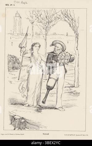 Den Haag, Nijhoff, Martinus, Arnhem, Thieme, Dirk Anthonie, Nederland, Spanier & Zn, Witwe Elias, Niederlande, Schmidt Crans, Johan Michaël, Verzonend, Spotprent mit dem Brielschen nimf und einem ungültigen Seemann, 1872, den Haag, Spotprent, in dem die Stadt Jungfrau von den Briel mit einem Seemann mit einem Holzbein bewaffnet läuft. NAV die Statue und die Zeemanshuis, die in Brielle für die Feierlichkeiten gegründet werden sollten und auf denen zu Beginn eine heftige Schlacht stattfand. Plate erschien im Wochenmagazin de Nederlandsche Spectator, Nr. 8, 1872., Druck, Frederik Müller Historyplaten, Höhe 275 mm Stockfoto