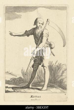 Generalstaten der Verenigde Nederlanden, Amsterdam, Visscher, Nicolaes (I), Bloemaert, Abraham, Utrecht, Friedrich, Æstas, de 4 jaargetijden, Zomer, verso-gestempelt, Ein Mäher mit einer Sense in der Hand zeigt auf das Feld., Druck, Höhe 165 mm, Breite 110 mm, 1614 - 1669, Druckerei, 1632 - 1670, zweites Viertel 17. Jahrhundert, drittes Viertel 17. Jahrhundert, Papier, Gravur, Gravur (Druckverfahren), Ätzen, etsen, Noord-Nederlands, 25.12.1566, 27.01.1651, nach dem Malen, Publikation (Event), Publikation, Nordholland, 1618-01-25, Verlag, aufnahme Stockfoto