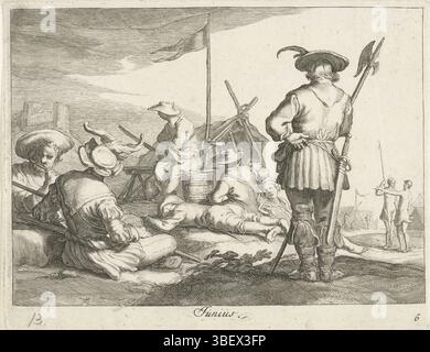 Unbekannt, Amsterdam, Visscher, Nicolaes (I), Bloemaert, Abraham, Utrecht, Frederick, de Monten van het Jaar, Junius, de maand juni, unbekannt, rückseitig - gestempelt, ein Armeelager mit Soldaten, die neben ihrem Zelt ausrüsten, Druck, Höhe 130 mm, Breite 165 mm, 1614 - 1669, Druckerei, 1635 - 1670, zweites Viertel 17. Jahrhundert, drittes Viertel 17. Jahrhundert, Papier, Gravur, Gravur (Druckverfahren), Werkkonzeption, Noord-Nederlands, 25.12.1566, 27.01.1651, nach Entwurf, Veröffentlichung (Veranstaltung), Veröffentlichung, Nord-Niederlande, 25. 01. 1618 - 1679, Herausgeber, Herausgeber von Privilegien Stockfoto