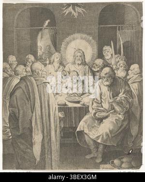 Leyden, Lucas van, Goltzius, Hendrick, Bruyn, Nicolaes de, Nederland, de Passie, Letztes Abendmahl, Niederlande, rückseitig links - gestempelt, Christus benutzte mit seinen Jüngern das letzte Abendmahl., Druck, Höhe 160 mm, Breite 130 mm, Südholländisch, 1571 - 1656-10, Druckerei, 1618 - 1618, Papier, Gravur, Druckverfahren, Arbeitskonzeption, nach eigenem Entwurf, Nordholland, 1558-01 - 1617-01-01, Inspirator, 1494-06 - 1533-08, Inspirator Stockfoto