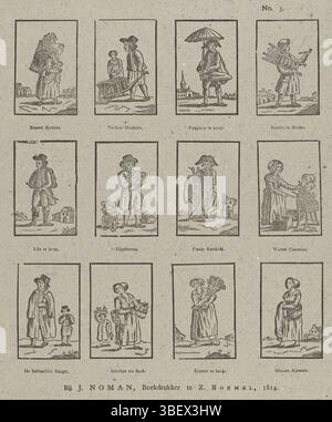 Niederlande, Zaltbommel, Noman, Johan, Straatsellers, Niederlande, verso - gestempelt, Blatt mit 12 Darbietungen von Straßenverkäufern, wie einem Verkäufer von Schwefelstöcken, einer Muschelverkäuferin und einer Verkäuferin von Almanachen. Unter jedem Bild eine Beschriftung. Nummeriert oben rechts: Nr. 3., Druck, Folk Prints, Drucke, Höhe 407 mm, Breite 325 mm, Publikation (Ereignis), Publikation, - 1833, Verlag, 1806 - 1830, Papier, Holzschnitt, Buchdruck, Buchdruck, Printmaker, 1814 - 1814 Stockfoto