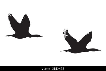 Zwei Vögel in der Silhouette fliegen vor einem scharf weißen Hintergrund, ihre Flügel sind weit ausgebreitet und die Körper sind schlank. Stock Vektor