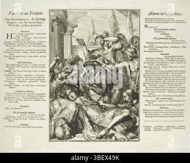 Niederlande, Bouttats, Philibert (I), Niederlande, Hooghe, Romeyn de, Alarm in 't Spinhuys, Vacarme au Trianon, Ludwig XIV. erkrankt, nachdem er harte spanische Noten gegessen hat, Spotprent über den französischen König Ludwig XIV., der krank wird, nachdem er zu harte spanische Noten gegessen hat. Die Mätressen beugen sich über den König, im Hintergrund Gebäude und Bäume. Auf beiden Seiten der Platte ein Vers von 2 Säulen in Niederländisch, bedruckt, Höhe 319 mm, Breite 380 mm, Noord-Nederlands, 10. September 1645 - 15. Juni 1708, Druckerei, 1706 - 1707, 1. Quartal 17. Jahrhundert, Papier, Ätzen, Buchdruck, Buchdruck, Zuid-Nederlands, 163 Stockfoto