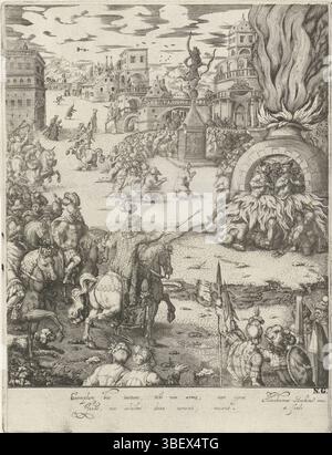Hecken, Abraham van den, Nederlanden, Hecken, Shadrach, Mesach und Abednego im Feuerofen, verso gestempelt, sieht der babylonische König Nebukadnezar zu Pferd und umgeben von Soldaten, wie Schadrach, Mesach und Abednego im brennenden Ofen auf wundersame Weise durch eine vierte Figur unterstützt werden, was den König dazu veranlasst, ihre Rettung zu bestellen. Im Hintergrund gab es viele kniende Figuren um die goldene Statue, die außerhalb der Stadt Babylon gegründet wurde und sich weigerte, die drei zu verehren. Unter der Darstellung zwei Zeilen in lateinisch., drucken, Höhe 206 mm, Breite 157 mm, 1610 - 1655-01-22, Drucker, 16 Stockfoto