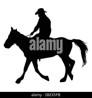 Silhouette einer Person, die einen Hut trägt, der auf einem Pferd im Trab auf weißem Hintergrund reitet. Stock Vektor
