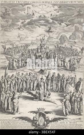 Nancy, Callot, Jacques, Nancy, Iubilatio truumphi virginis deiparae sub Urbano VIII P. P. Max, La petite diese, Triumph der Jungfrau Maria, rückwärts links - gestempelt, im Vordergrund allegorische Figuren in einem Kreis um eine Dame, die einen Drachen trampelt. Dahinter wurde Maria von einem Löwen, einem Lamm, einem Adler und einem phönix auf einem Triumphwagen gezogen. Um sie herum eine Menge weiblicher Musiker. Links und rechts hinter diesen verfluchten Musikgruppen, die von Teufeln gefangen gehalten werden. Im Hintergrund eine felsige Küstenlandschaft. Im Himmel Engel und verschiedene Symbole. Hier und da mit den Figuren Bänder und Schilde mit Lati Stockfoto