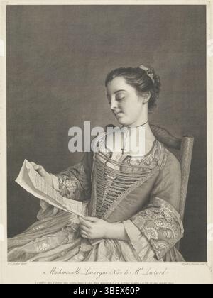 London, Major, Thomas, Liotard, Jean-Etienne, Daullé, Jean, Mademoiselle Lavergne Niéce de Mr Liotard, Porträt Marianne Lavergne, London, verso - handgeschrieben in brauner Tinte, eine Nichte des Künstlers, bekannt als "La liseuse"., Druck, rückseitig - gestempelt, f 880 - 100 -, rückseitig - handgeschrieben mit Bleistift, N 66, Höhe 585 mm, Breite 425 mm, Französisch, 1703 - 1763-04-23, Druckmaschine, 1746 - 1763, Papier, Ätzen, Gravur (Druckverfahren), 22.12.1702, 1789.06.12, danach, zur Malerei (Ereignis), Veröffentlichung, 1714 - 1799 - 30, Verlag Stockfoto