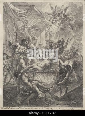 Schut, Cornelis (I), das Martyrium des Heiligen Laurentius, vero links unten - geprägt, der Diakon Laurentius wird über einem Feuer gebraten. Er ist halb darauf konzentriert, sich umzudrehen. Im Vordergrund verbrennen die Diener immer noch das Feuer mit einem Balg und zusätzlichem Treibstoff. Der römische Präfekt sieht von einem Stuhl auf einem Balkon aus. Um Laurentius herum eine große Gruppe von Zuschauern. Am Himmel zwei Engel mit einem Palmenzweig und einem Lorbeerkranz. Drucken, dieses festsitzende Staedoock inde voorsz. Stadt Cullen den priis ock not and wollte sagen, Recto Rand unten - handgeschrieben in brauner Tinte, Höhe 388 mm, Breite 291 mm, Südholländisch, Stockfoto