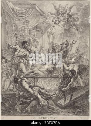 Schut, Cornelis (I), Schut, S. Laurentius, das Martyrium des heiligen Laurentius, verso in der Mitte - gestempelt, wird der Diakon Laurentius über einem Feuer gebraten. Er ist halb darauf konzentriert, sich umzudrehen. Im Vordergrund verbrennen die Diener immer noch das Feuer mit einem Balg und zusätzlichem Treibstoff. Der römische Präfekt sieht von einem Stuhl auf einem Balkon aus. Um Laurentius herum eine große Gruppe von Zuschauern. Am Himmel zwei Engel mit einem Palmenzweig und einem Lorbeerkranz., Druck, Höhe 380 mm, Breite 275 mm, Südholland, 13. Mai 1597 - 29. April 1655, Druckerei, 1618 - 1655, Papier, Ätzen, Arbeitskonzeption, 13. 05. 1597 - 29. 04. 1655 Stockfoto
