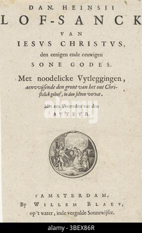 Amsterdam, Blaeu, Willem Janszoon, Vinckboons, David (I), Amsterdam, Serwouters, Pieter, Homepage für D. Heinsius, LOF-sanck van Iesvs Christvs, [ca. 1630], Anbetung der Hirten, rückwärts rechts unten - gestempelt, Maria sitzt mit gefalteten Händen an der Krippe mit Jozef neben ihr. Zwei Hirten betreten den Stall und gehen auf das Christkind zu. Durch das Fenster sehen Sie im Hintergrund die Predigt an die Hirten. Zwei Engel halten eine Banderolle hoch. Über dem Druck der Titel und der Autor des Buches, unter dem Druck der Abdruck., Druck, Titelseite, Abzüge, Pieter Serwouter in Stockfoto