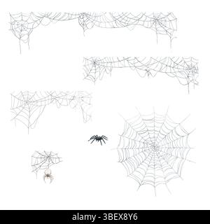 Spinnennetz in verschiedenen Formen. Aquarellabbildung. Hängende Spinnweben und kleine Spinnen, isoliert auf weißem Hintergrund. Das Thema Hexerei und Stockfoto