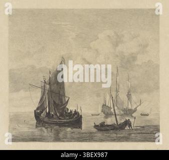 Velde, Willem van de (II), Nederland, Steelink, Willem (II), Segelschiffe auf ruhiger See, Niederlande, verso - gestempelt, einige Schiffe vor der Küste auf glatter See. Im Vordergrund einige Figuren an einem angedockten Boot. Unten links ein Wappen auf einem Zweig mit Blättern., bedruckt, Höhe 259 mm, Breite 343 mm, Niederländisch, 16.07.2016 - 1928 27.11.1856, Druckerei, 1888 - 1891, Papier, Ätzen, nord-Niederlande, 18. Dezember 1633 - 6. April 1707 Stockfoto