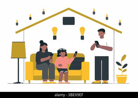 Eine Familie begrüßt modernes vernetztes Leben in ihrem hellen, minimalistischen Zuhause auf ihren Smartphones mit gelben Akzenten und Stock Vektor