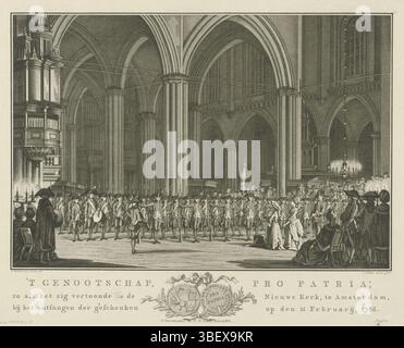 Smit, Jan Willem, Vermandel, Willem, Bulthuis, Jan, Amsterdam, Philips, Caspar Jacobsz., Het genootschap Pro Patria, in de Nieuwe Kerk te Amsterdam, am 11. Februar 1786, verso onder - Stempel, Druck, Höhe 310 mm, Breite 395 mm, Noord-Nederlands, 16. April 1732 - 19. März 1789, Druckerei, 1786 - 1786, Papier, Ätzen, 1750 - 29.05.1801, fortgeschrittener Verfasser, nach Zeichnung, Veröffentlichung, Nordholland, Herausgeber, Publikation (Ereignis), Herausgeber Stockfoto