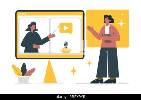 Der interaktive Online-Tutor führt die Schüler durch eine dynamische virtuelle Lektion mit interaktiven Video-Tutorials in flachen Vektoren Stock Vektor