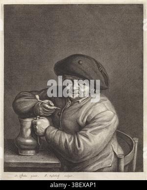 Ostade, Adriaen van, Haarlem, Suyderhoef, Jonas, Boer mit Pfeife und Gefäß in der Hand an einem Tisch, verso - gestempelt, Ein Bauer sitzt auf einem Tisch mit Pfeife und Gefäß in der Hand., Druck, Höhe 221 mm, Breite 179 mm, 1613 - 1686-05-09, Druckerei, 1623 - 1686, Papier, Gravur, Gravur (Druckverfahren), Nord-Niederlande, 19. Dezember 1610 - 28. April 1685 Stockfoto
