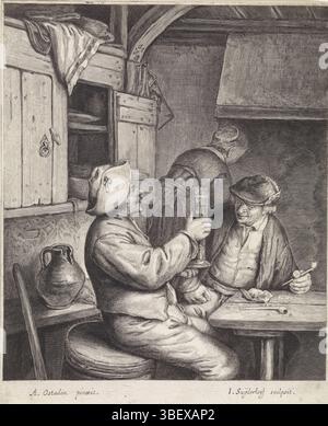 Ostade, Adriaen van, Haarlem, Suyderhoef, Jonas, zwei Bauern sitzen an einem Tisch, verso - gestempelt, zwei Bauern sitzen an einem Tisch. Einer hebt ein Glas, der andere hält ein Rohr in der Hand. Im Hintergrund eine Frau auf dem Rücken gesehen., Druck, Höhe 225 mm, Breite 180 mm, 1613 - 1686-05-09, Druckerei, 1623 - 1686, Papier, Gravur, Gravur (Druckverfahren), Nord-Niederlande, 19. Dezember 1610 - 28. April 1685 Stockfoto