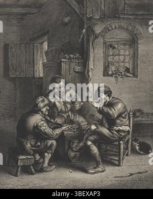 Ostade, Adriaen van, Haarlem, Suyderhoef, Jonas, drei Bauern sitzen um eine Bank, verso - gestempelt, innen mit drei Bauern, sitzen um eine Bank. Der Mann links spielt Geige, der Mann rechts hebt das Glas und der Mann in der Mitte hält eine Pfeife in der Hand., Druck, Höhe 286 mm, Breite 223 mm, 1613 - 1686-05-09, Druckerei, 1647 - 1652, Papier, Gravur, Gravur (Druckverfahren), Nord-Niederlande, 19. Dezember 1610 - 28. April 1685 Stockfoto