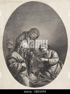 Ostade, Adriaen van, Haarlem, Suyderhoef, Jonas, drei alte Frauen, verso gestempelt, drei alte Frauen zusammen. Die Frau links hebt ein Glas und hält eine Karaffe an sich. Hinter ihr schafft eine Frau etwas im Nickerchen des anderen. Im Vordergrundspingerware., Druck, Höhe 299 mm, Breite 221 mm, 1613 - 1686-05-09, Druckerei, 1623 - 1686, Papier, Gravur, Gravur (Druckverfahren), Nord-Niederlande, 19. Dezember 1610 - 28. April 1685 Stockfoto
