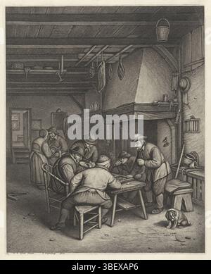 Ostade, Adriaen van, Haarlem, Suyderhoef, Jonas, Boereninterieur traf auf Triktrakspieler, Verso - gestempelt, Boerenpelen Triktrak oder Backgammon an einem Tisch in der Nähe eines Kamins. Genau im Vordergrund ein Hund. Im Hintergrund ein Mann und eine Frau., Druck, Höhe 345 mm, Breite 280 mm, 1613 - 1686-05-09, Druckerei, 1623 - 1686, Papier, Gravur, Gravur (Druckverfahren), Nord-Niederlande, 19.12.1610, 28.04.1685, nach, nach Anstrich, 1726-1776 Stockfoto