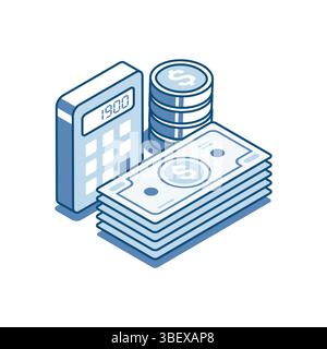 Isometrischer Vektor lineare Symbolrechner und Geld, in Farbe auf weißem Hintergrund, arbeiten mit Finanzen oder Gewinn im Geschäft Stock Vektor